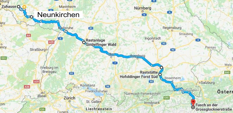 Fahrstrecke von Waldhölzbach bis Fusch am Großklockner Fusch Fahrstrecke
